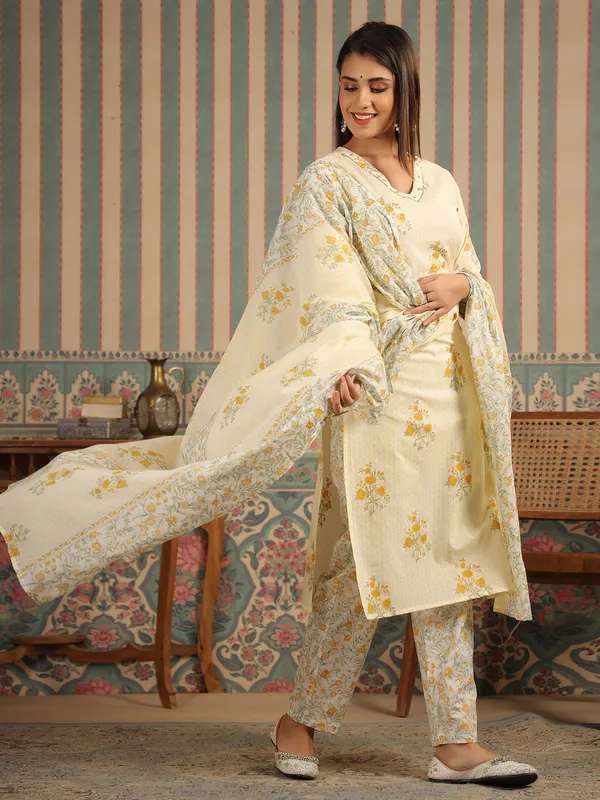 Cream floral print cotton kurti set