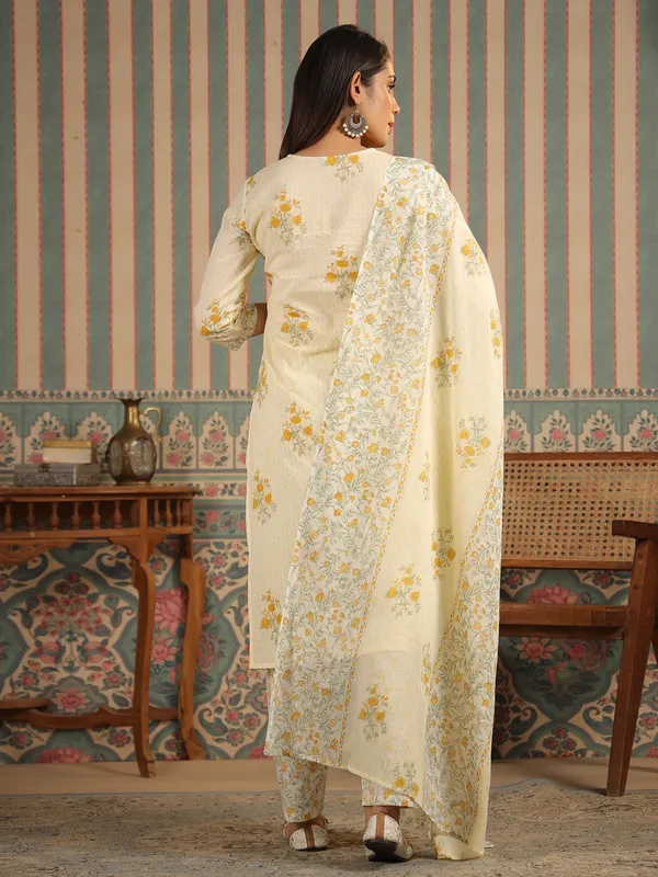 Cream floral print cotton kurti set
