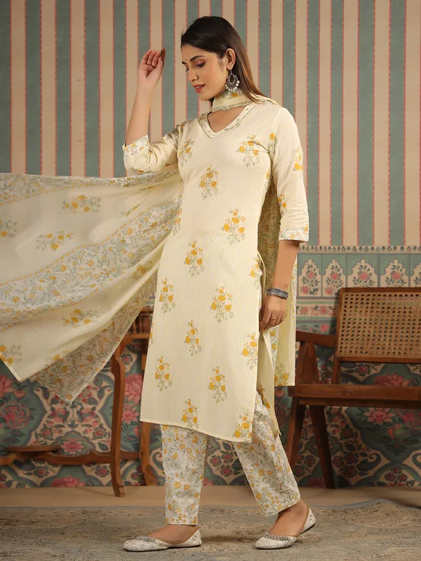 Cream floral print cotton kurti set