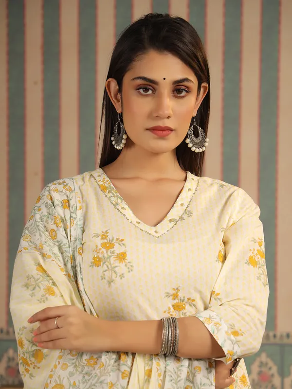 Cream floral print cotton kurti set
