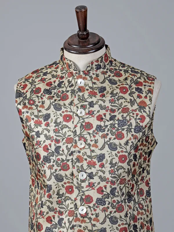Cream floral printed cotton silk waistcoat