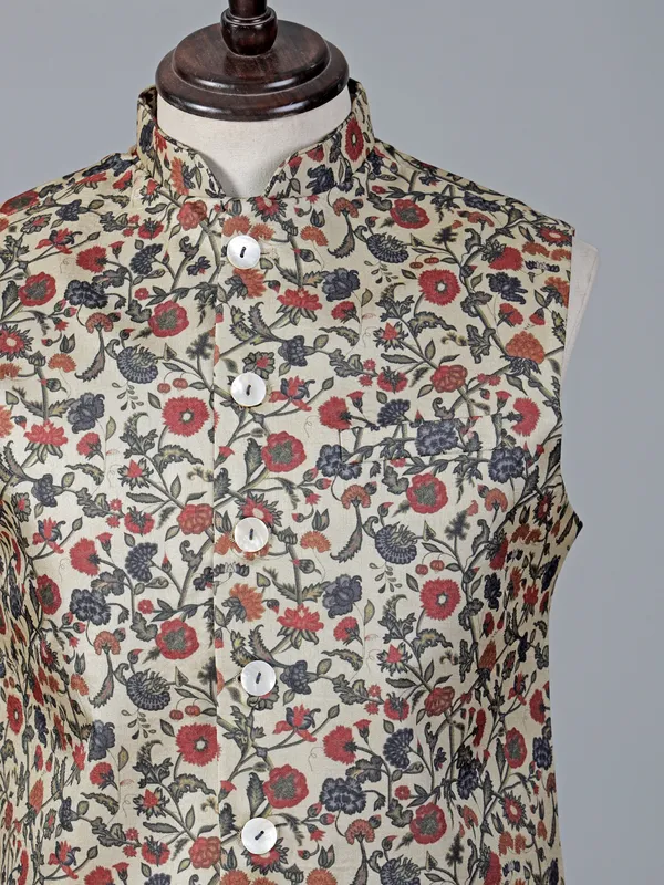 Cream floral printed cotton silk waistcoat