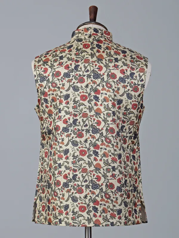 Cream floral printed cotton silk waistcoat