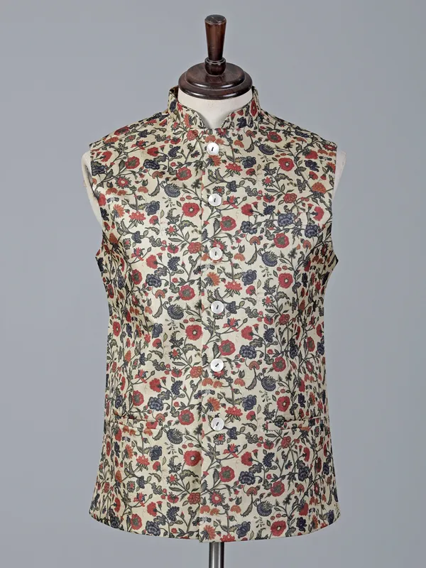 Cream floral printed cotton silk waistcoat