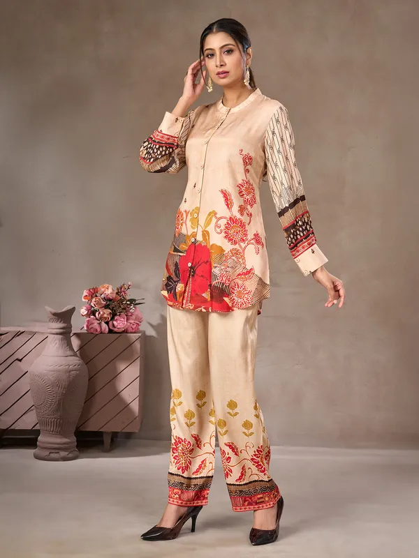 Cream floral printed crepe silk co-ord set for women