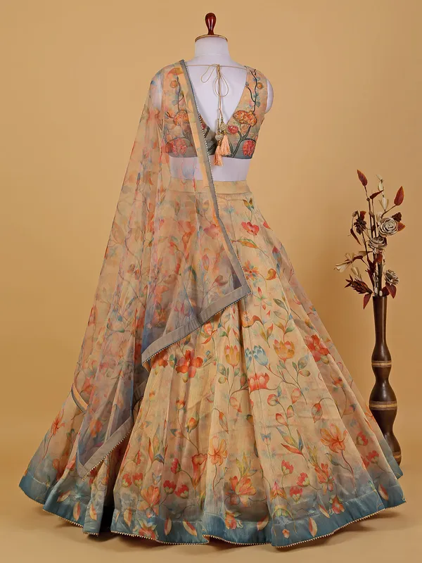 Cream floral printed organza lehenga choli