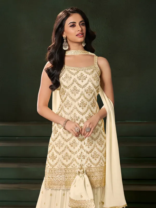 Cream georgette elegant sharara kurti set with dupatta