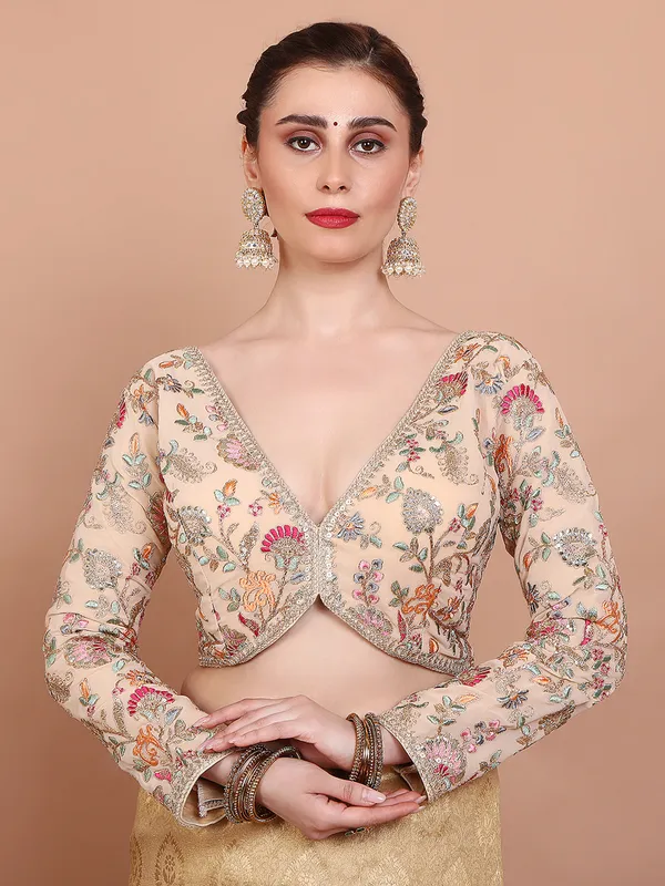 Cream georgette embroidered ready made blouse