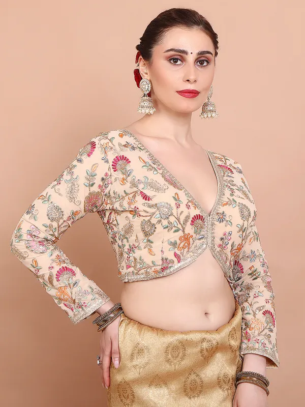 Cream georgette embroidered ready made blouse