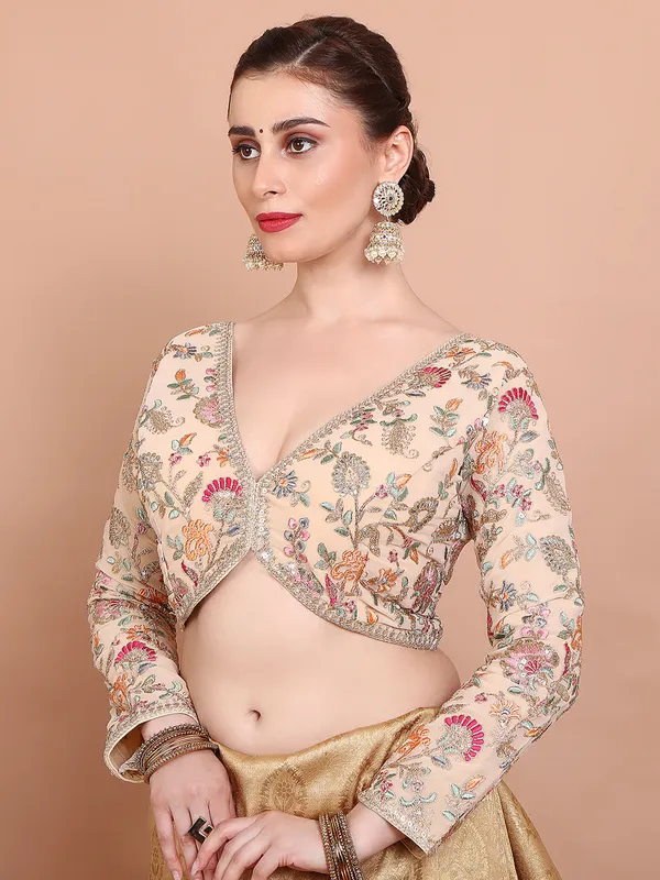 Cream georgette embroidered ready made blouse