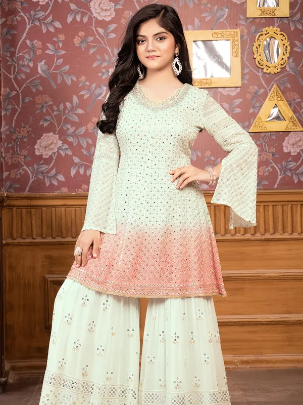 Cream georgette embroidery sharara salwar suit