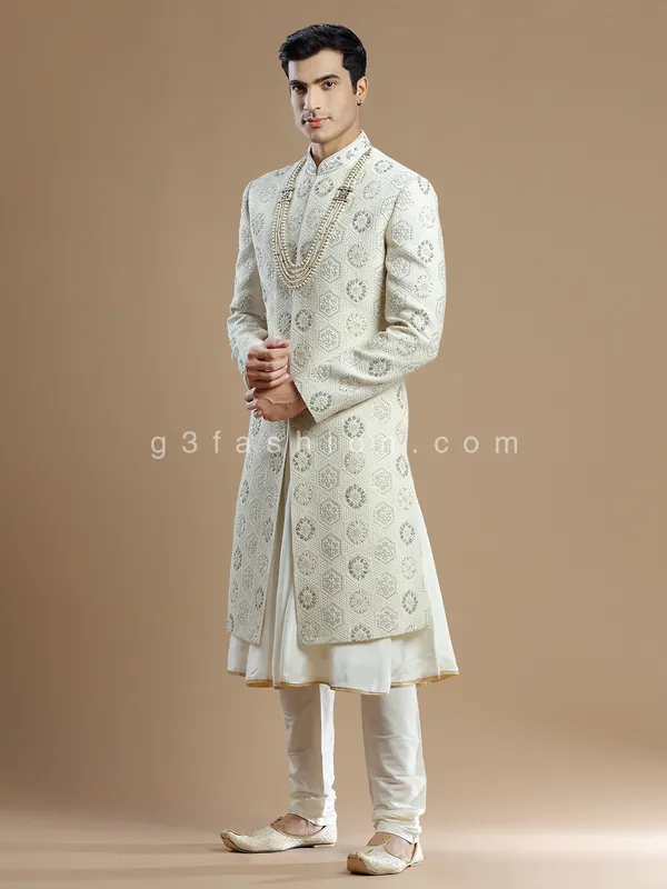 Cream georgette groom wear sherwani