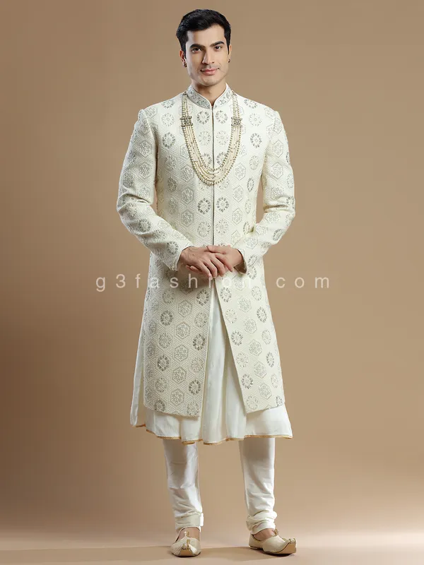 Cream georgette groom wear sherwani