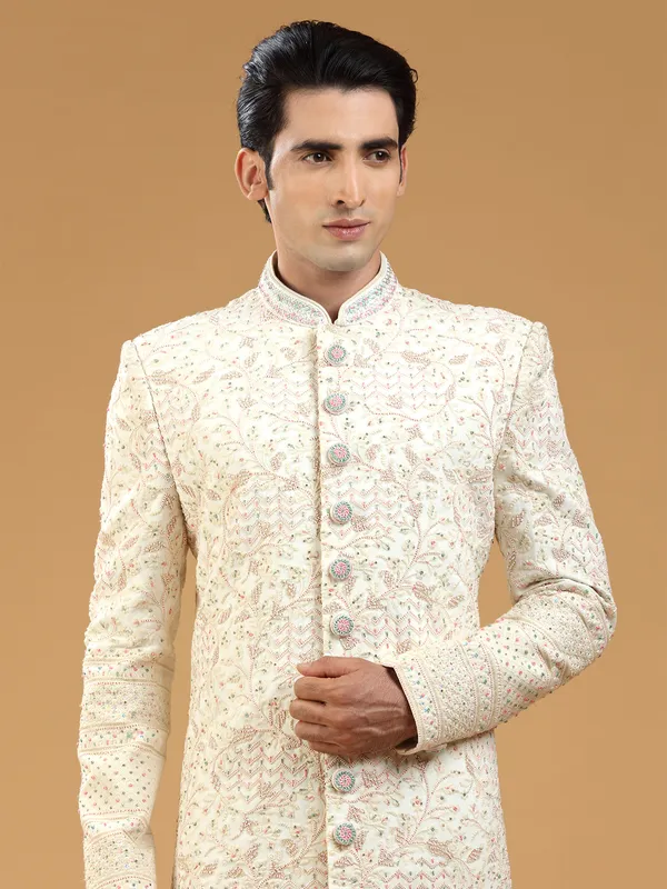 Cream georgette groom sherwani