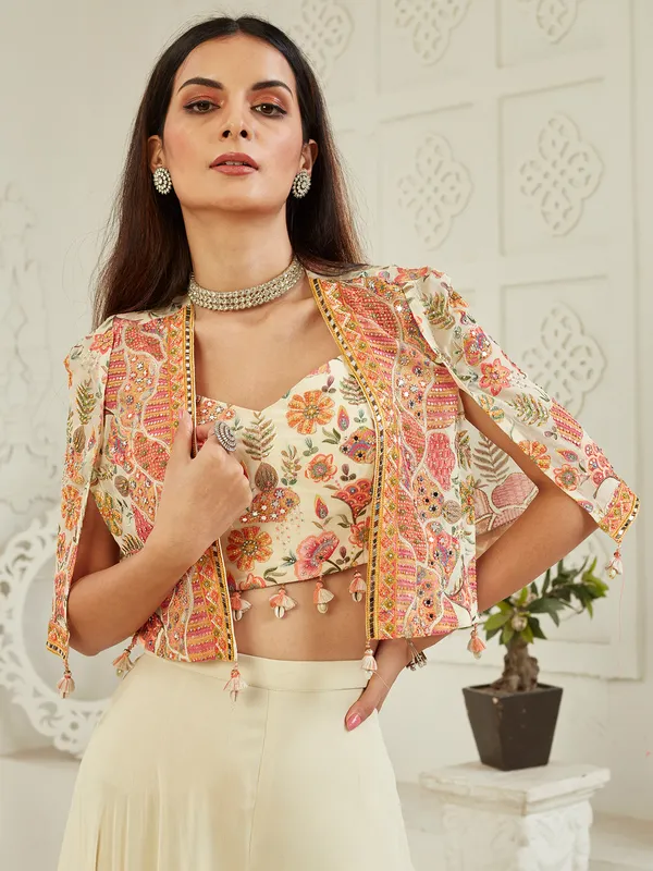 Cream georgette jacket palazzo suit with cowrie shells