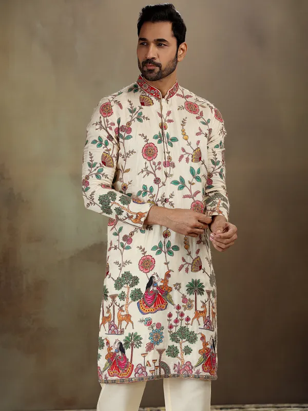 Cream georgette kurta suit with festive print