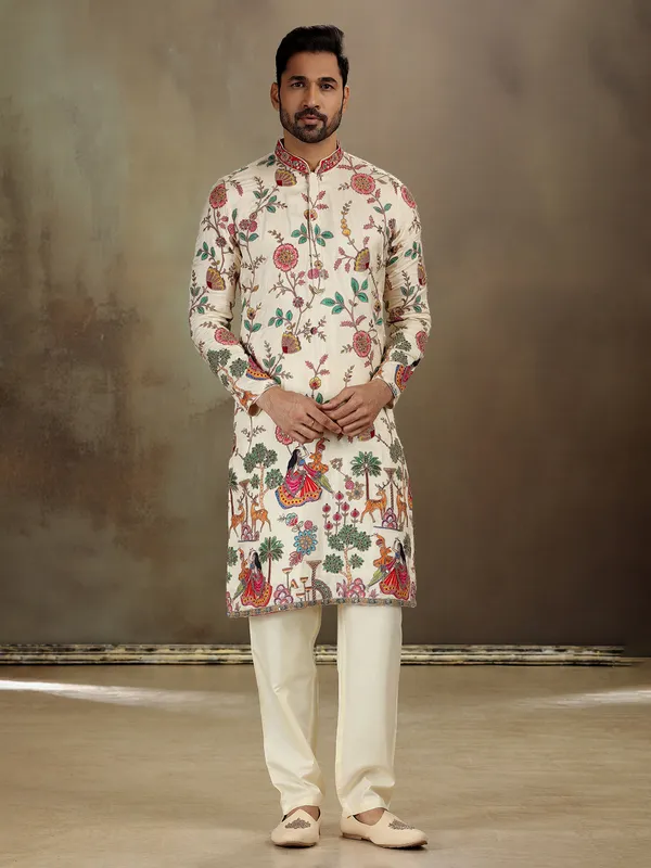 Cream georgette kurta suit with festive print
