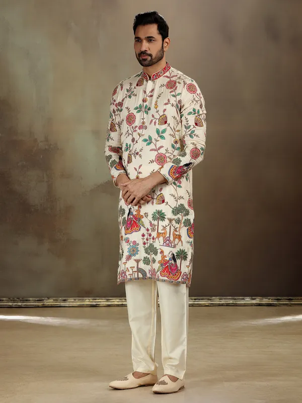 Cream georgette kurta suit with festive print