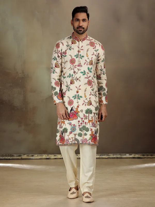 Cream georgette kurta suit with festive print