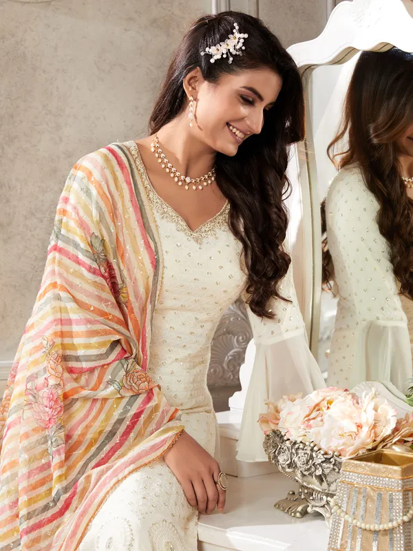 Cream georgette palazzo suit with dupatta