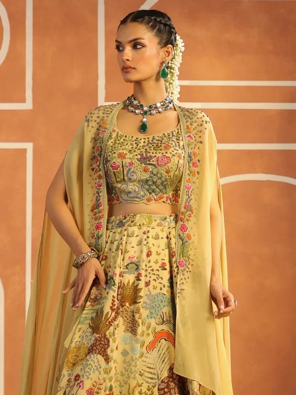 Cream georgette printed lehenga choli with shrug