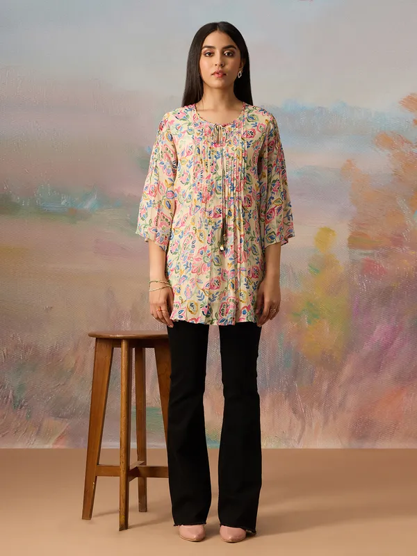 Cream georgette printed tunic top