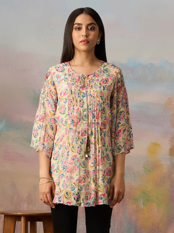 Cream georgette printed tunic top