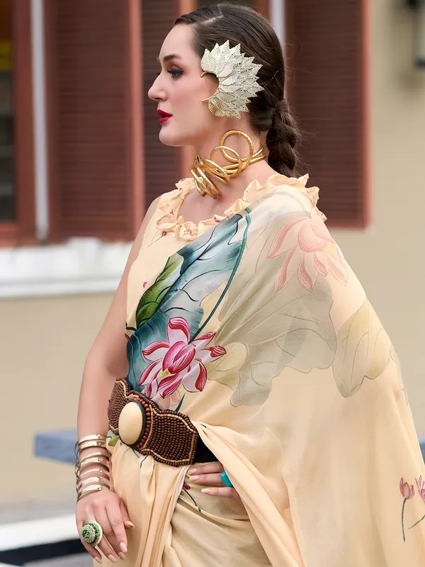 Cream georgette saree in printed