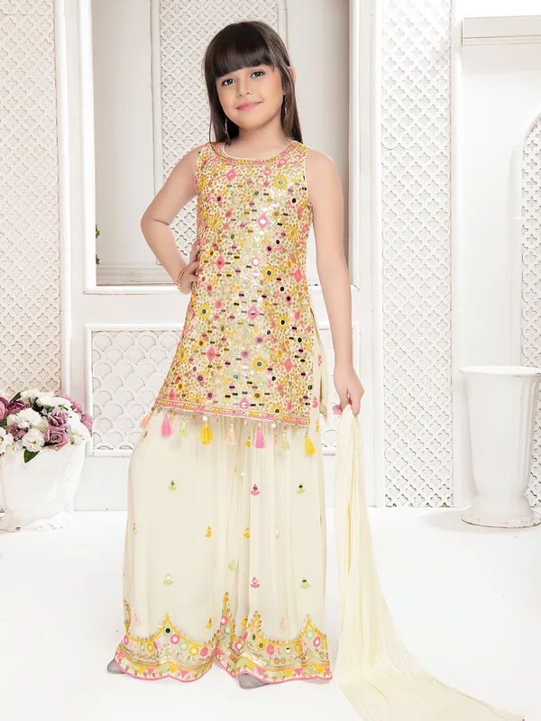 Cream georgette sharara suit with dupatta