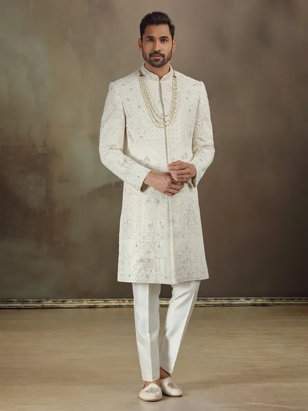 Cream georgette sherwani for wedding wear