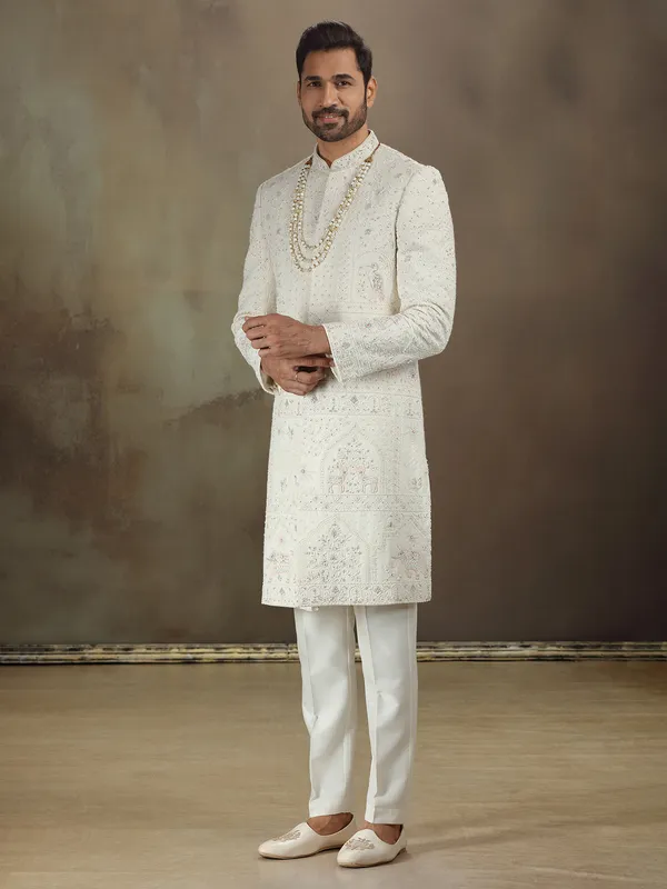 Cream georgette sherwani for wedding wear