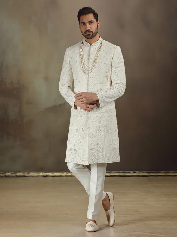 Cream georgette sherwani for wedding wear