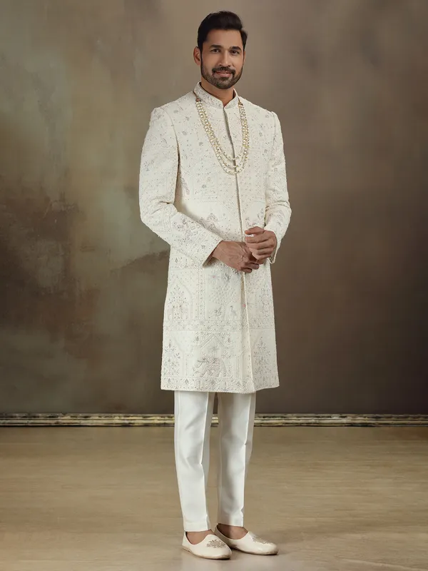 Cream georgette sherwani for wedding wear