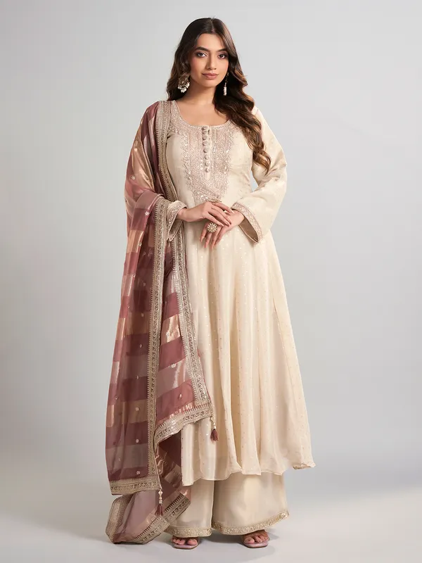 Cream georgette silk palazzo suit with dupatta