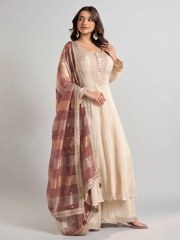 Cream georgette silk palazzo suit with dupatta