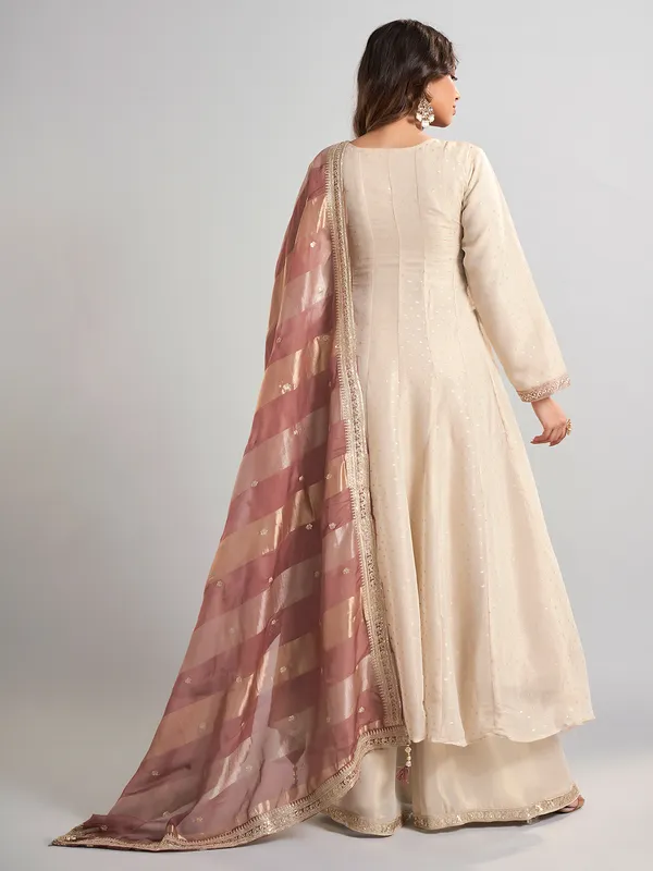 Cream georgette silk palazzo suit with dupatta