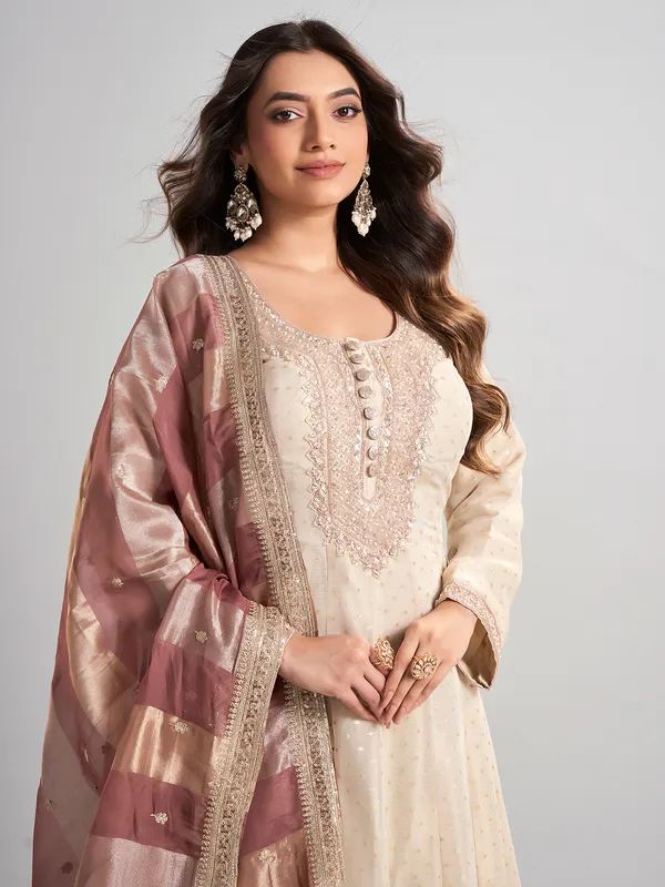 Cream georgette silk palazzo suit with dupatta