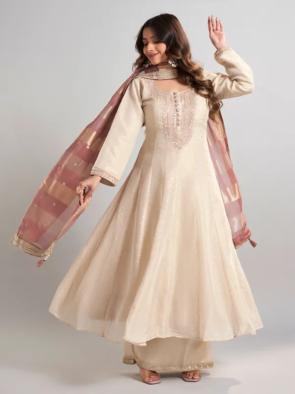 Cream georgette silk palazzo suit with dupatta