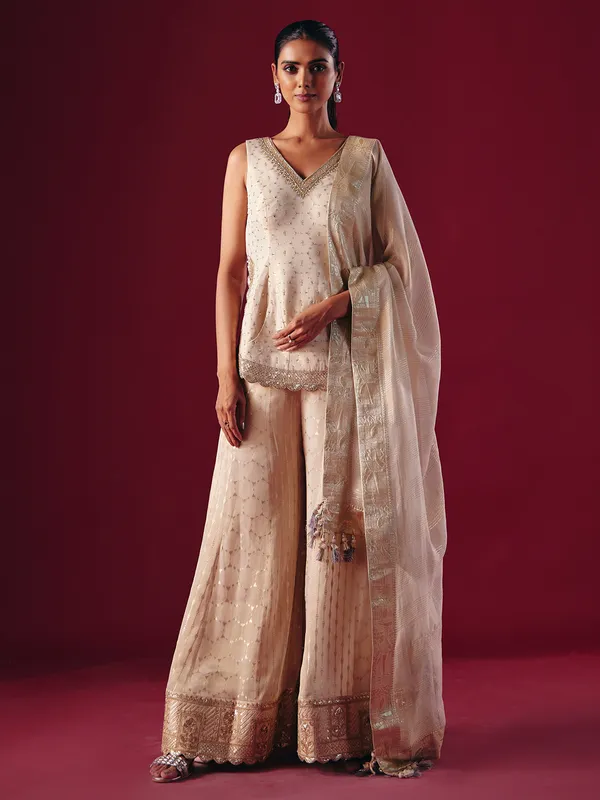 Cream georgette tissue palazzo suit with dupatta