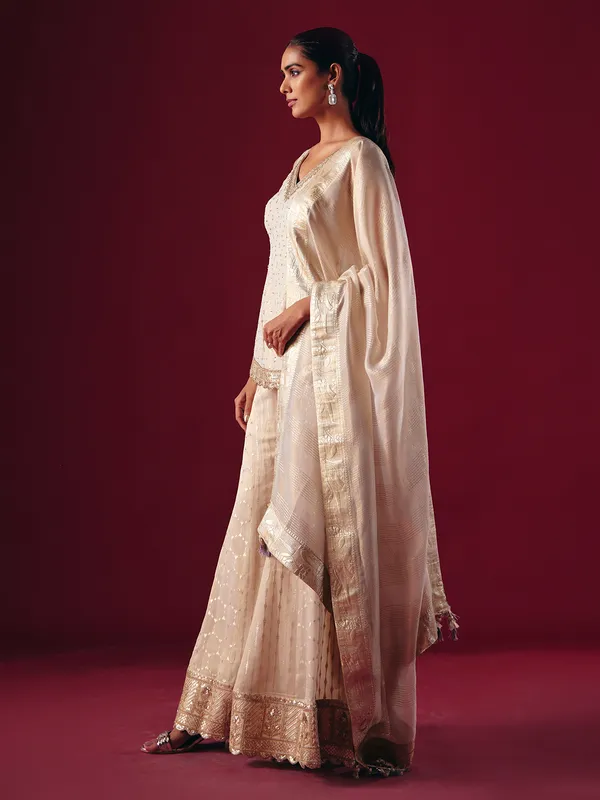 Cream georgette tissue palazzo suit with dupatta