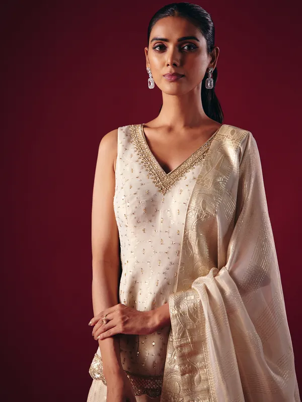 Cream georgette tissue palazzo suit with dupatta