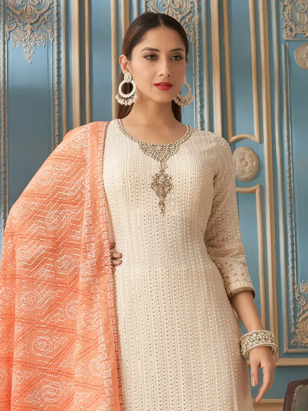Cream georgette zardosi work palazzo suit