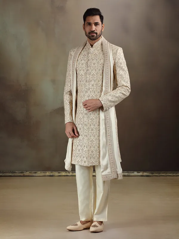 Cream gold silk sherwani with dupatta for mens