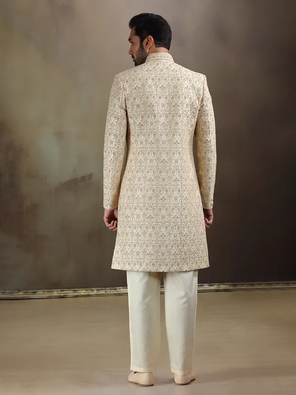Cream gold silk sherwani with dupatta for mens