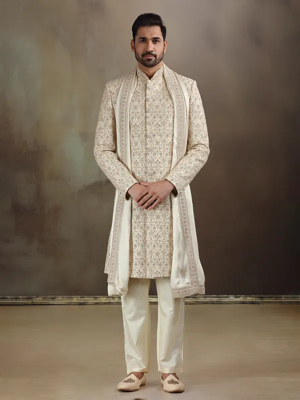 Cream gold silk sherwani with dupatta for mens