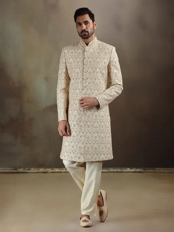 Cream gold silk sherwani with dupatta for mens