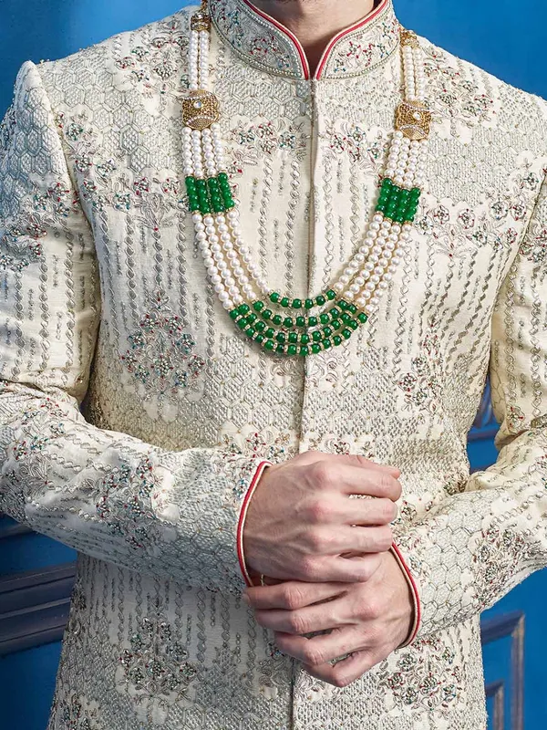 Cream groom sherwani in raw silk