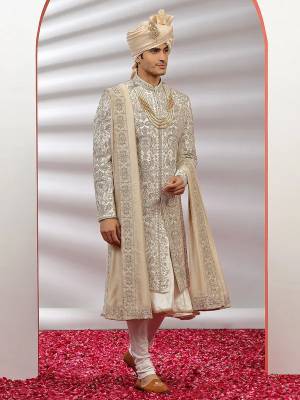 Cream groom wear sherwani in raw silk
