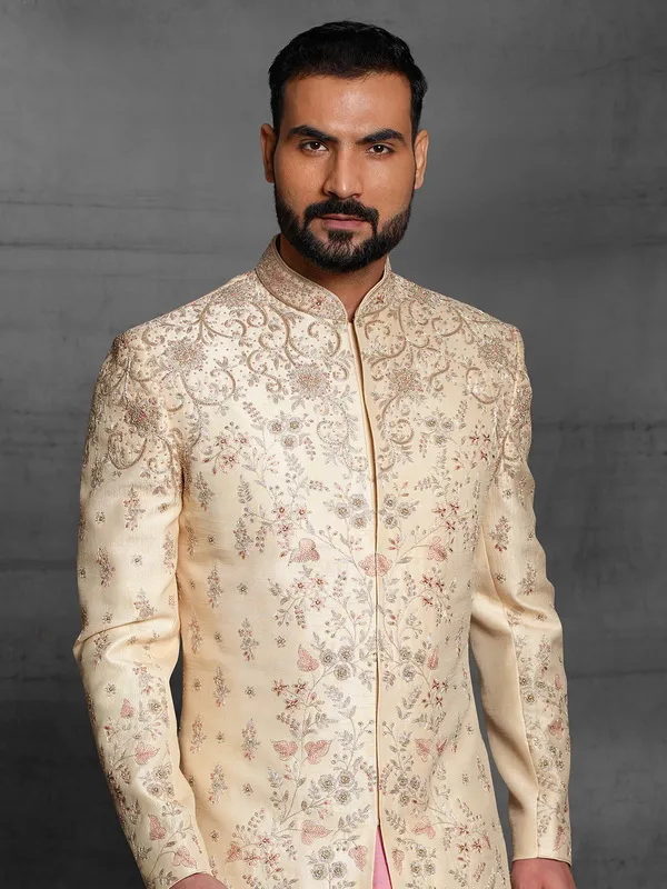 Cream hue silk sherwani set