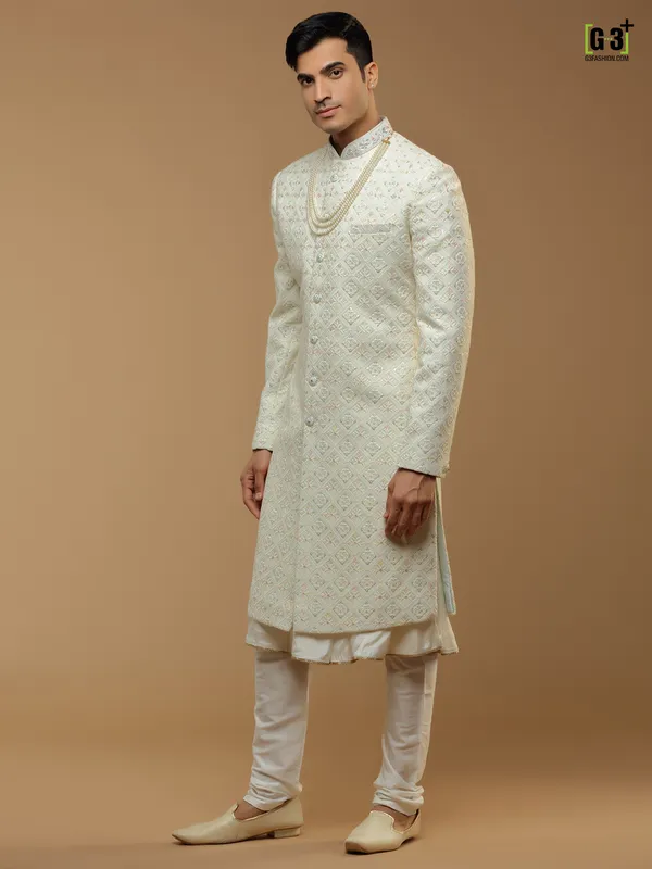Cream hued silk fabric designer sherwani for mens